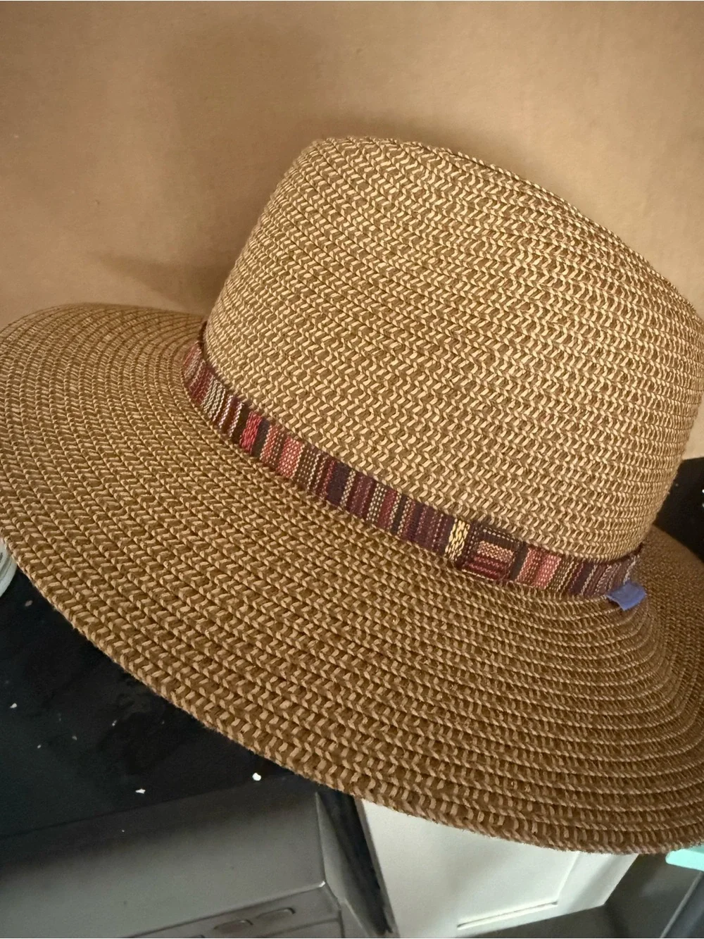 Panama Jack Tan Straw Fedora with Red and Brown Striped Band